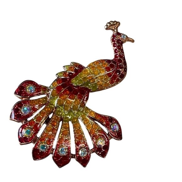 Colorful Peacock Rhinestone Brooch Pin For Women Orange Red Yellow - Picture 1 of 2
